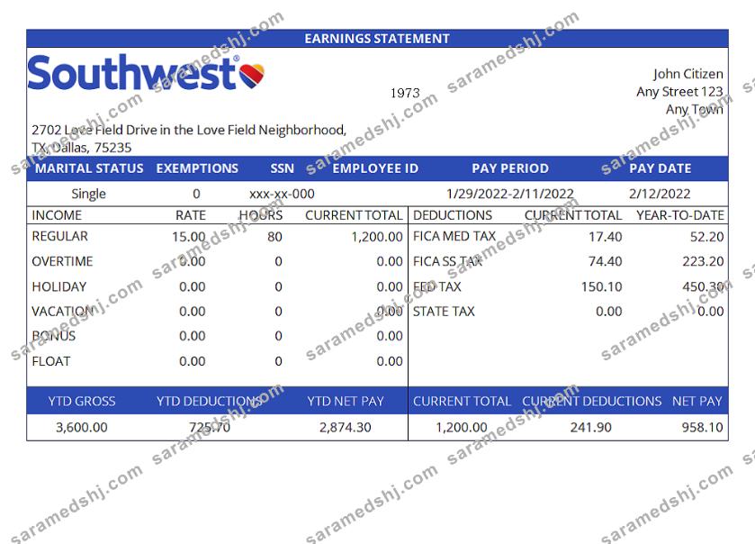 USA Southwest Airlines airlines company pay stub